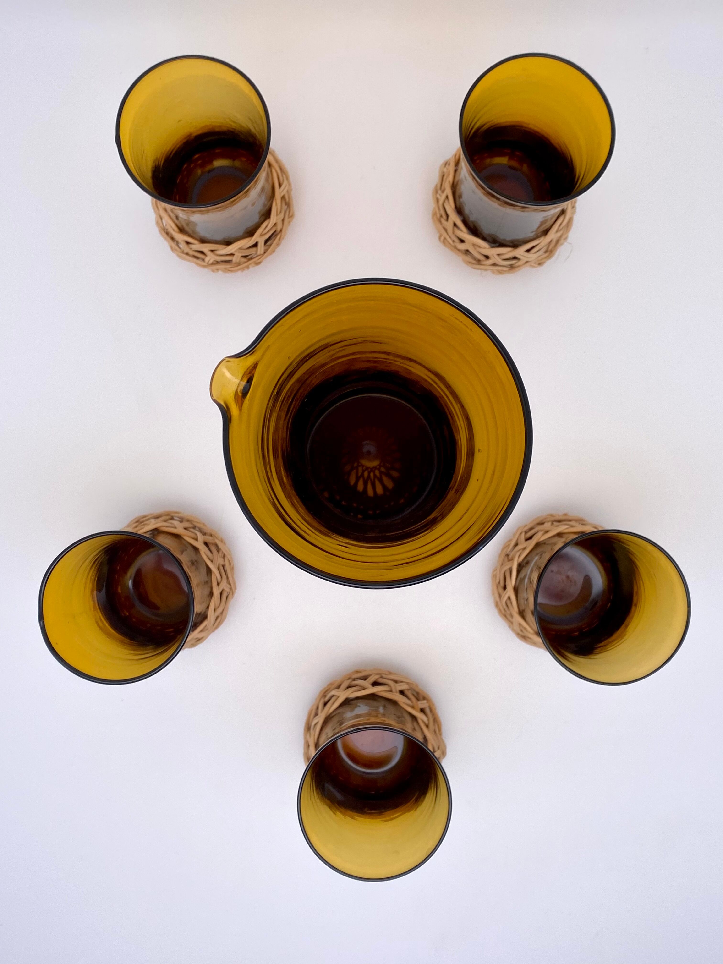 Amber glass and raffia 50's glass and pitcher set