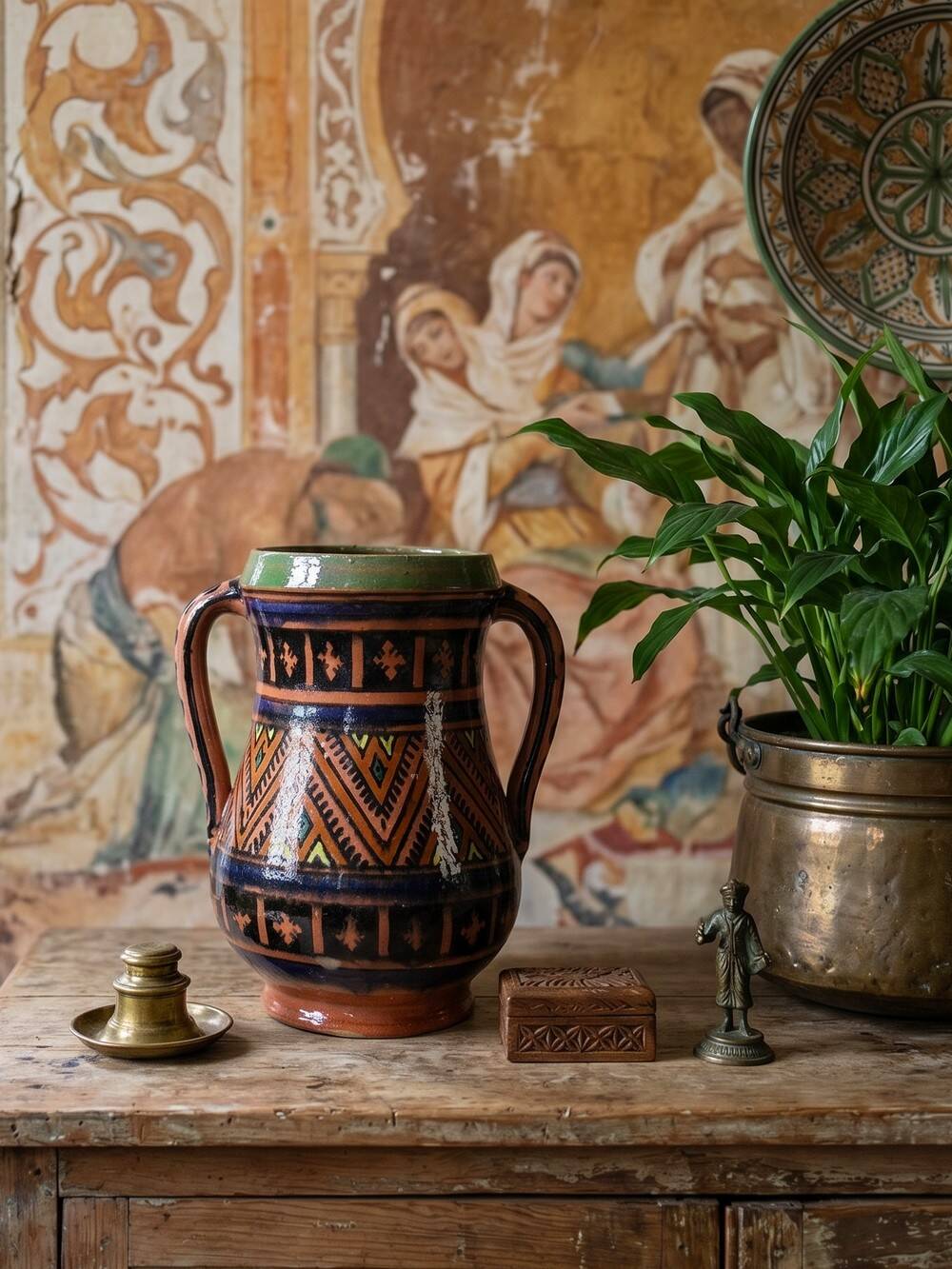 Large Moroccan vase from Safi, polychrome terracotta with two handles, from the 1950s to 1970s.
