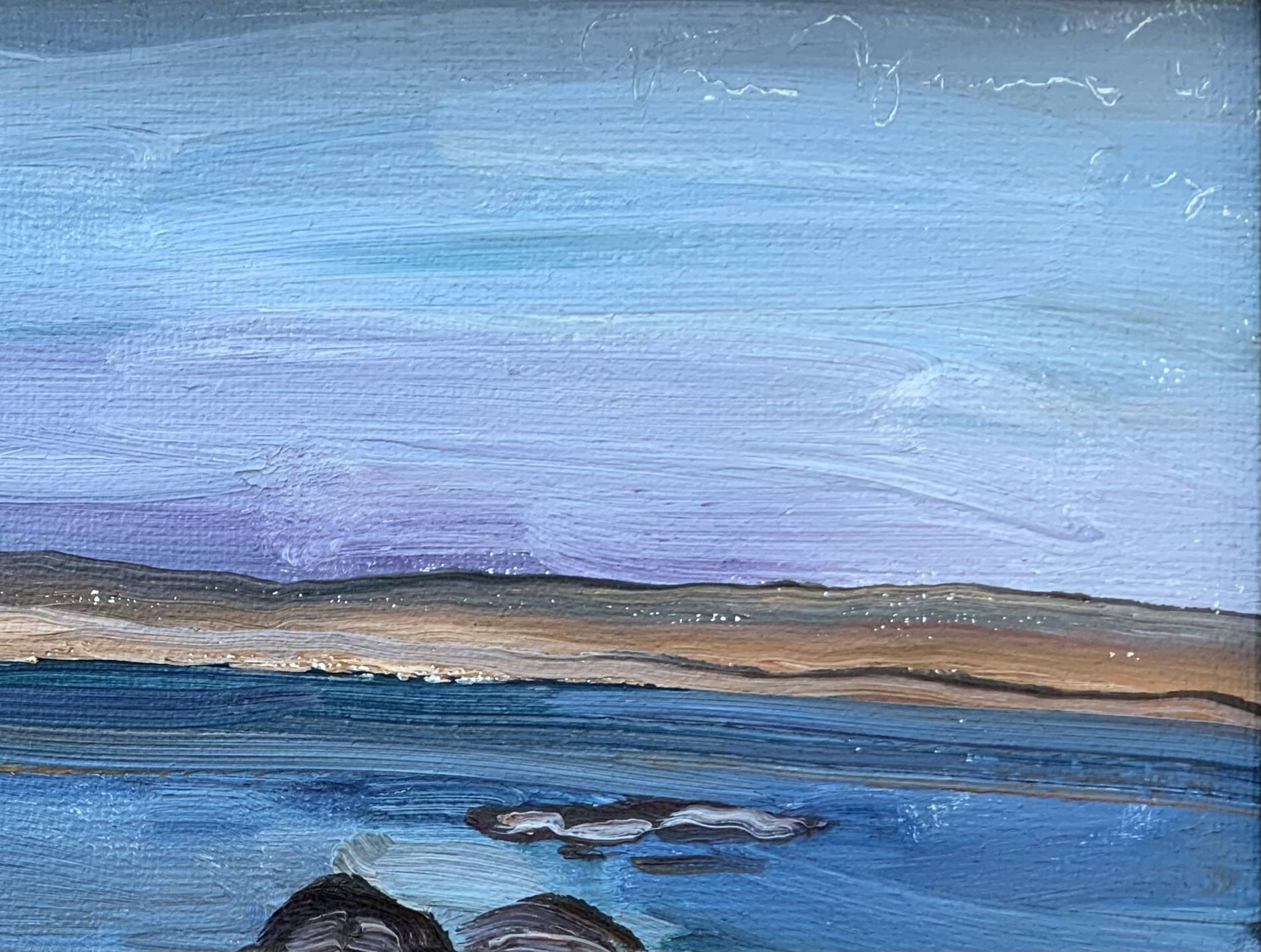 Vintage Swedish Modernists Oil Painting Blue Seascape by G.B. Mid 20th century