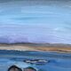 Peinture à l'huile vintage des modernistes suédois Paysage marin bleu par GB Milieu du 20e siècle