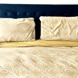 Adult bed 160x200 with dark duck blue velvet upholstered headboard