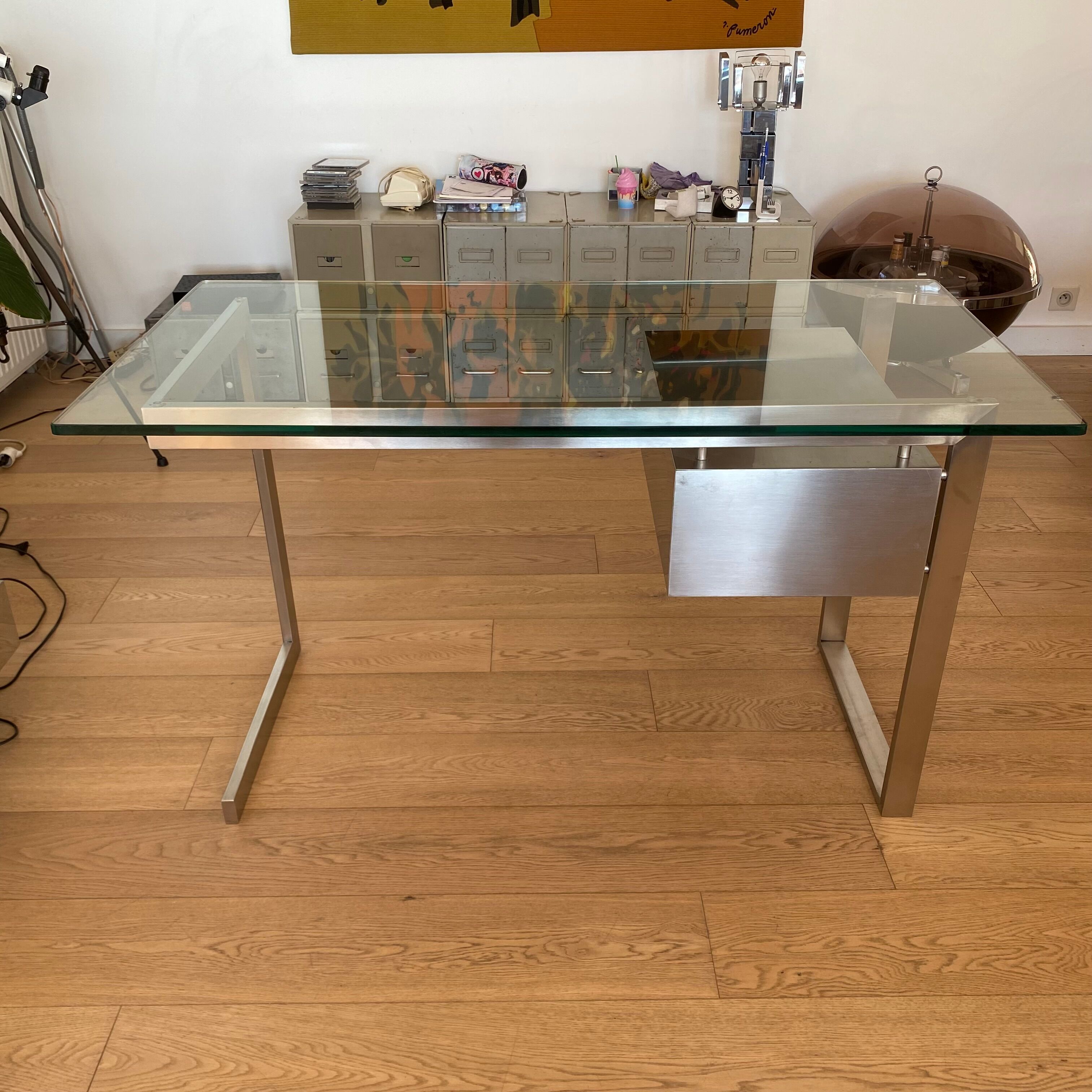 Modernist stainless steel desk by Paul Legeard for Dom. 1970