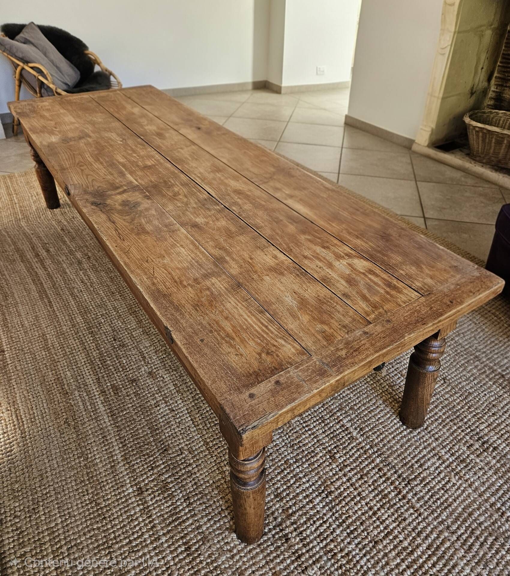 XXL coffee table in solid raw elm wood with 2 drawers, rustic antique.