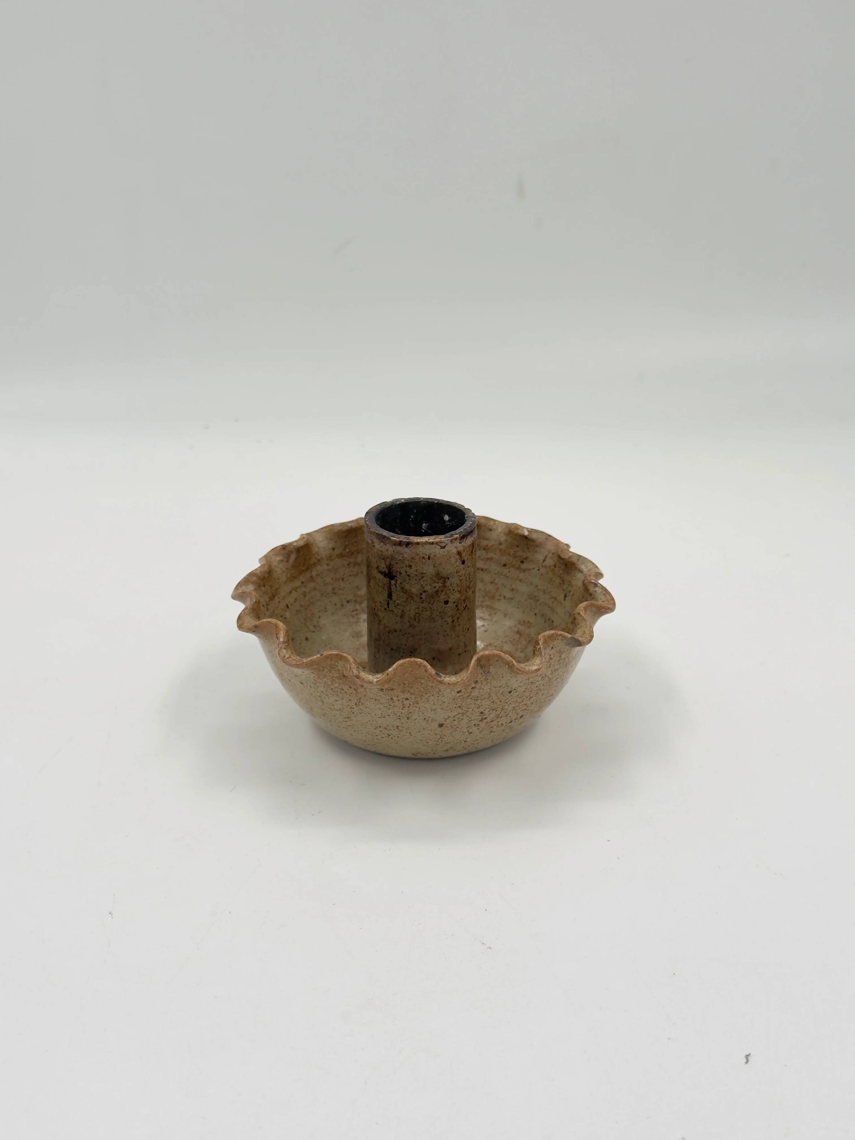 Vintage studio ceramic candlestick, wavy scalloped edge.