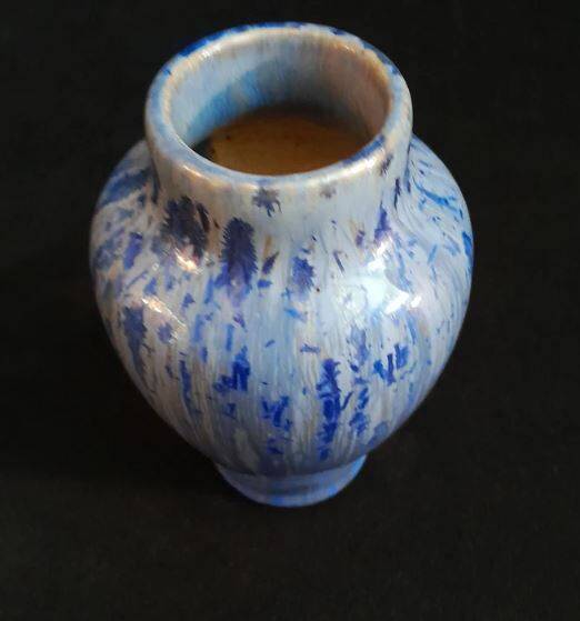 Blue and ocher Pierrefonds enameled vase with delicate crystallization glazes. Art Deco.