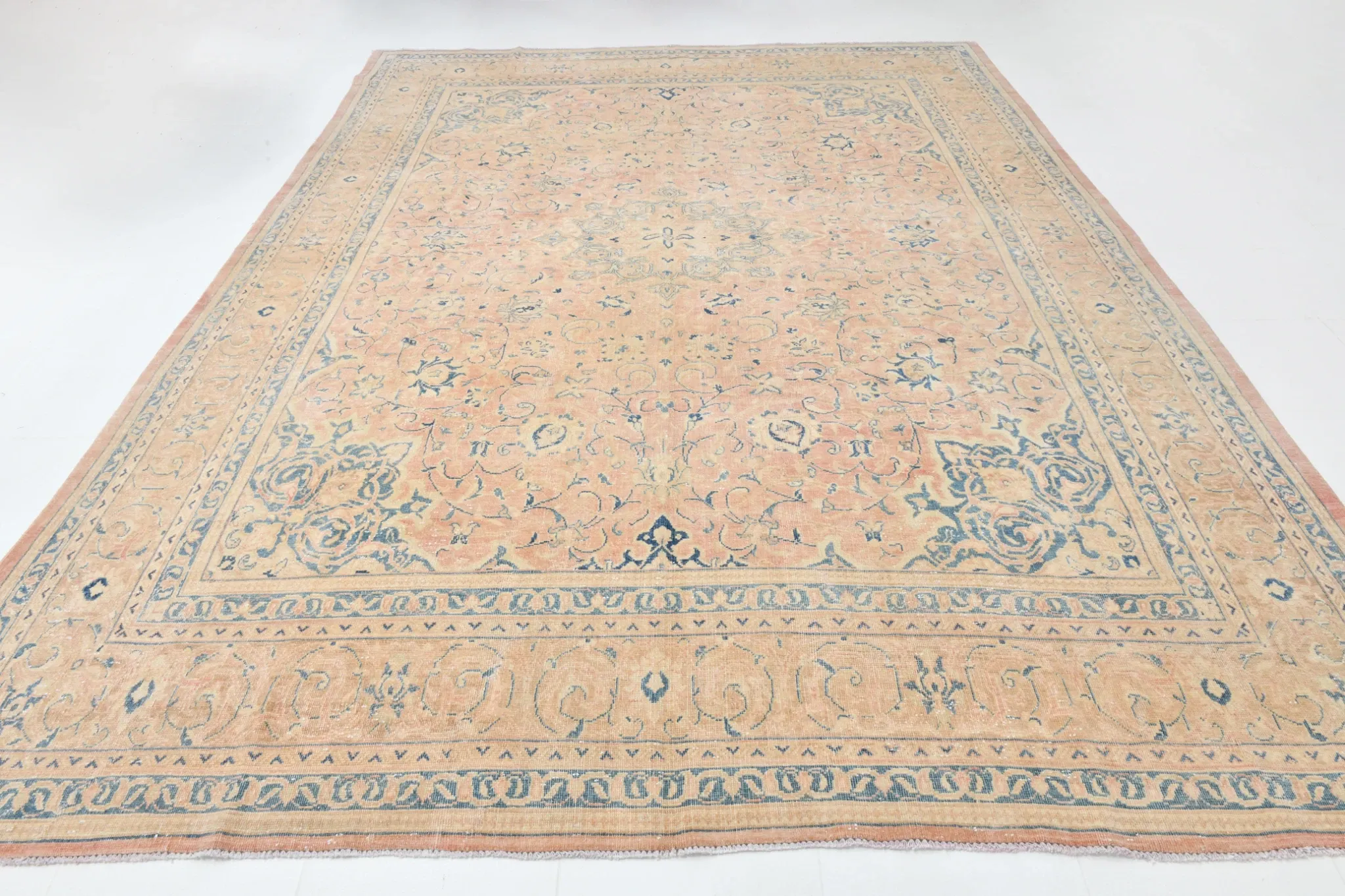 Peach Pink Large Persian Rug, Floral Bordered Vintage Carpet, 292x387Cm