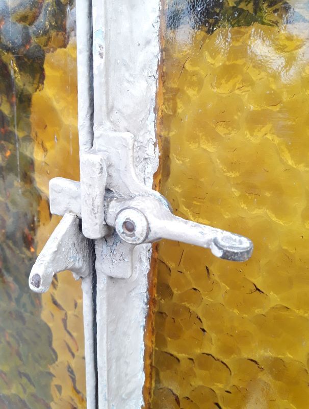 Workshop door 258.4x98.5cm in iron and colored cathedral glass