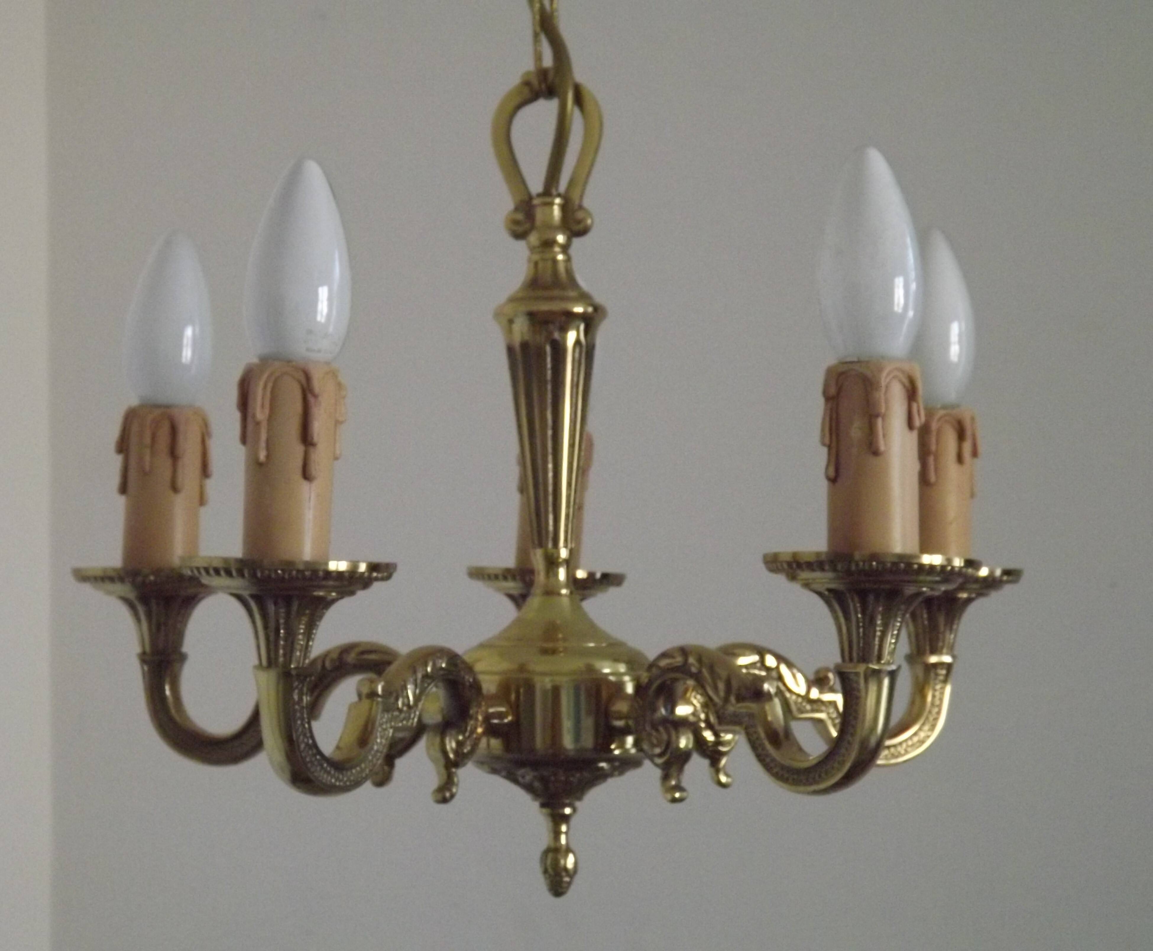 French Vintage 5 Light Quality Brass Chandelier with Scroll Acanthus Arms 5452