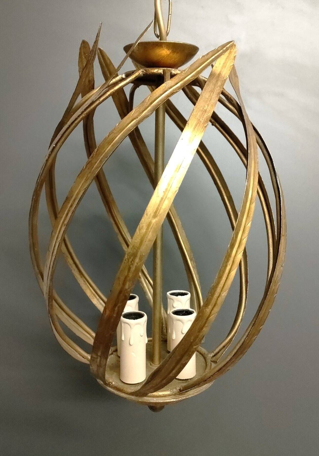 Large Italian Foliage Cage Chandelier - 1960s Art Crafts - Gold Metal