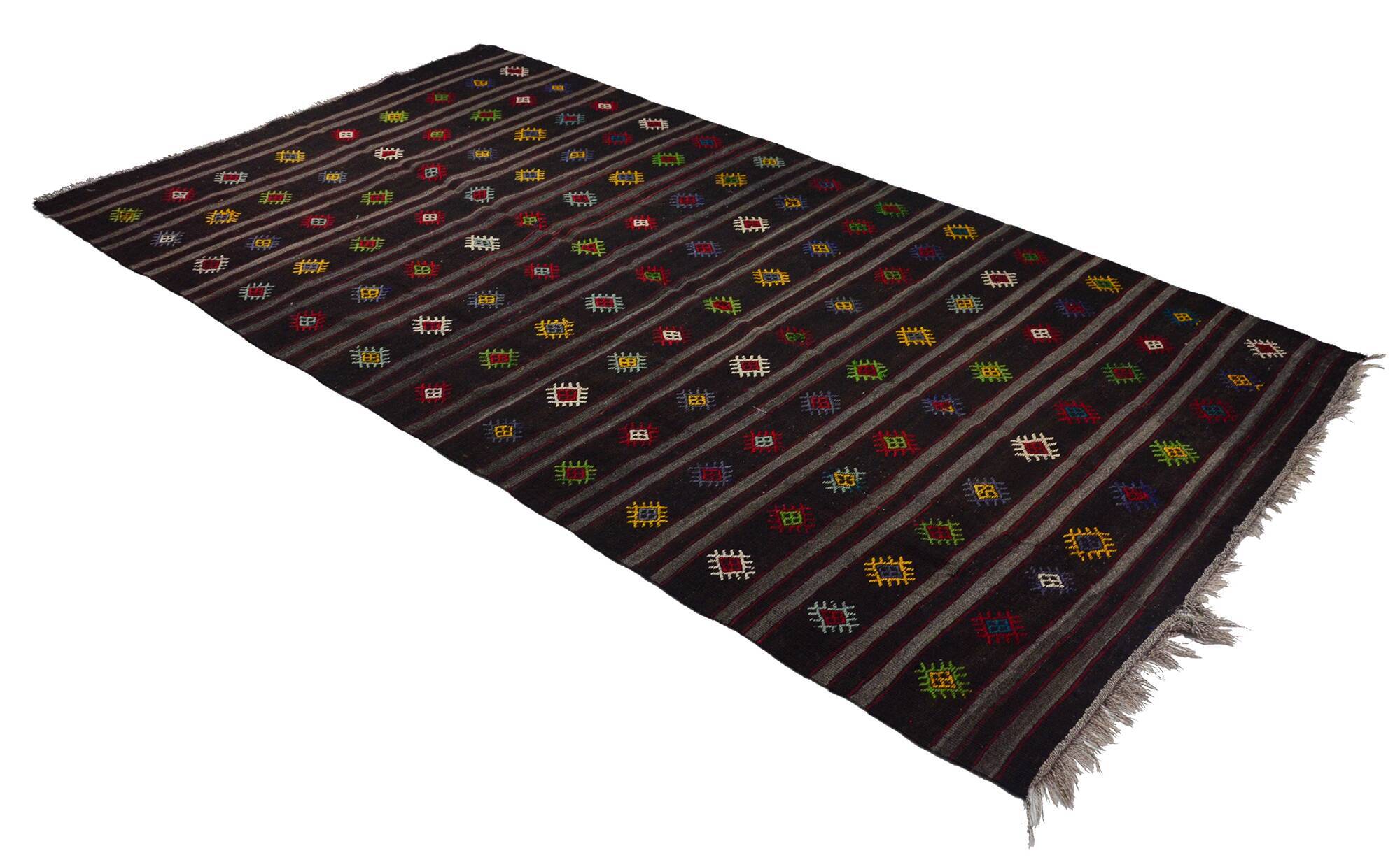 Turkish Kilim Yuruk Vintage 190x350 cm Geometric Patterns Black Multicoloured