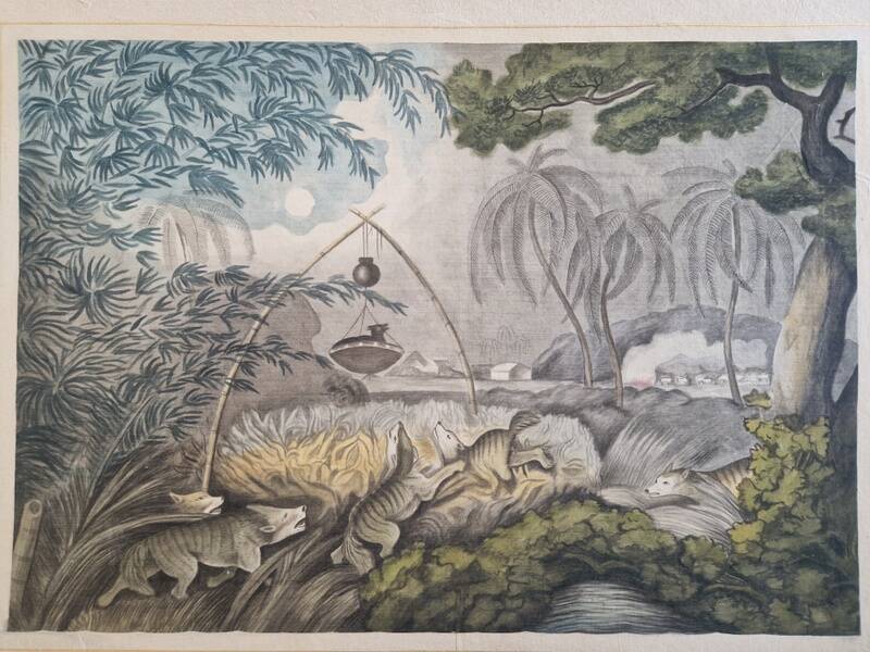 La Roche Laffitte (Born in 1943) - Watercolour drawing on silk Wolf trap