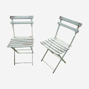 Delightful pair of small folding children's garden chairs, antique, iron and wood