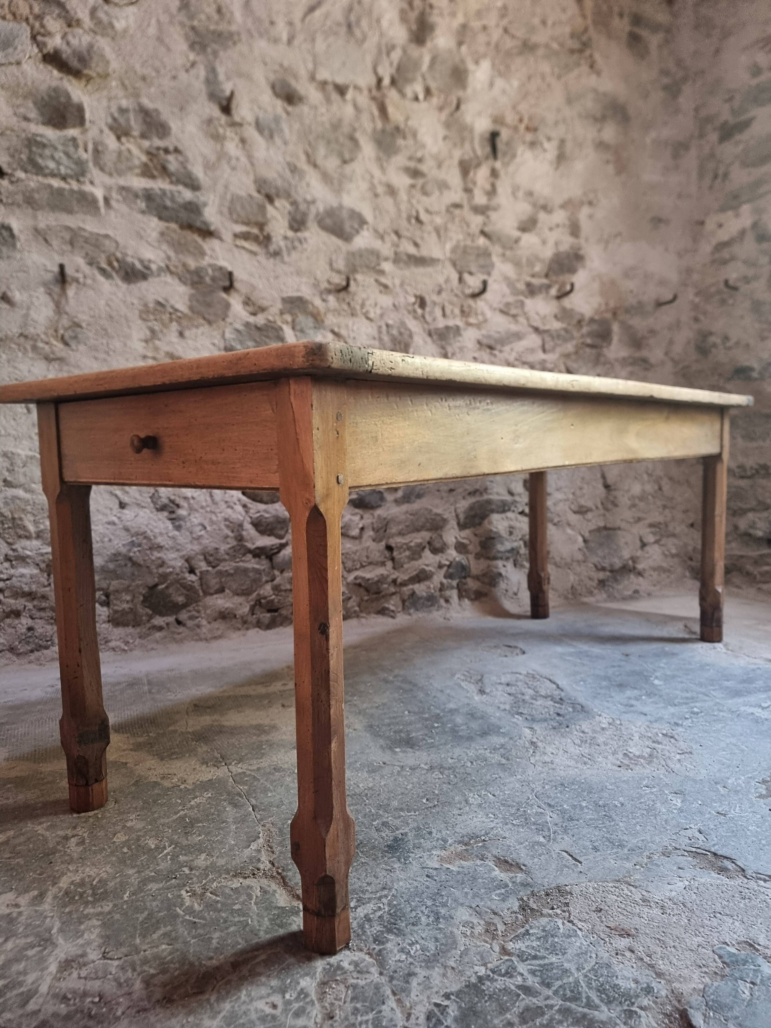 Old farmhouse dining table, rustic kitchen, poplar top, chestnut base, two drawers, 1800–1850.