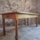 Old farmhouse dining table, rustic kitchen, poplar top, chestnut base, two drawers, 1800–1850.