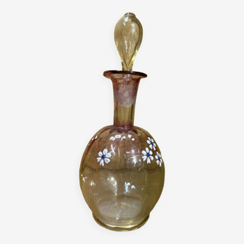 Ancien flacon verre émaillé, art nouveau, décor fleurs, verrerie française