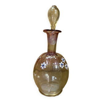Old enamelled glass bottle, Art Nouveau, flower décor, French glassware