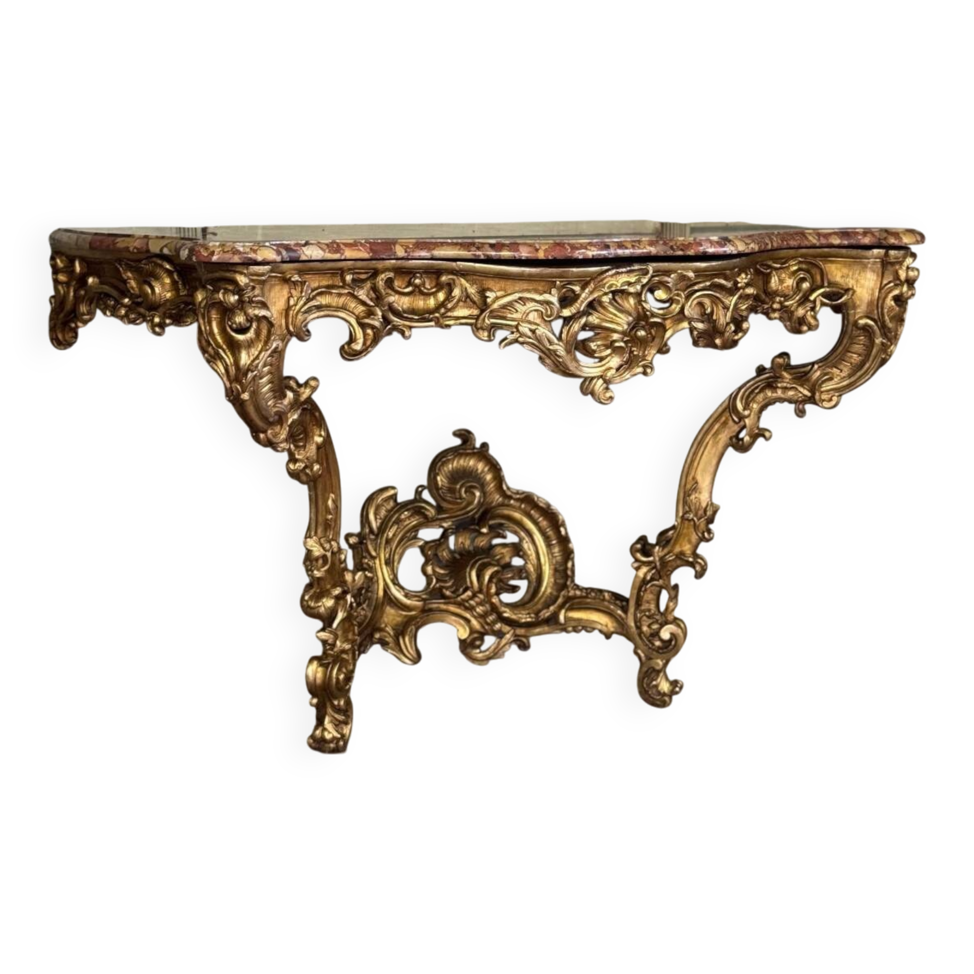 Important Louis XV Console in Carved and Gilded Wood, Breccia d'Aleppo Marble,