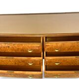 Veneered burl walnut chest of drawers with light warm brown glass top