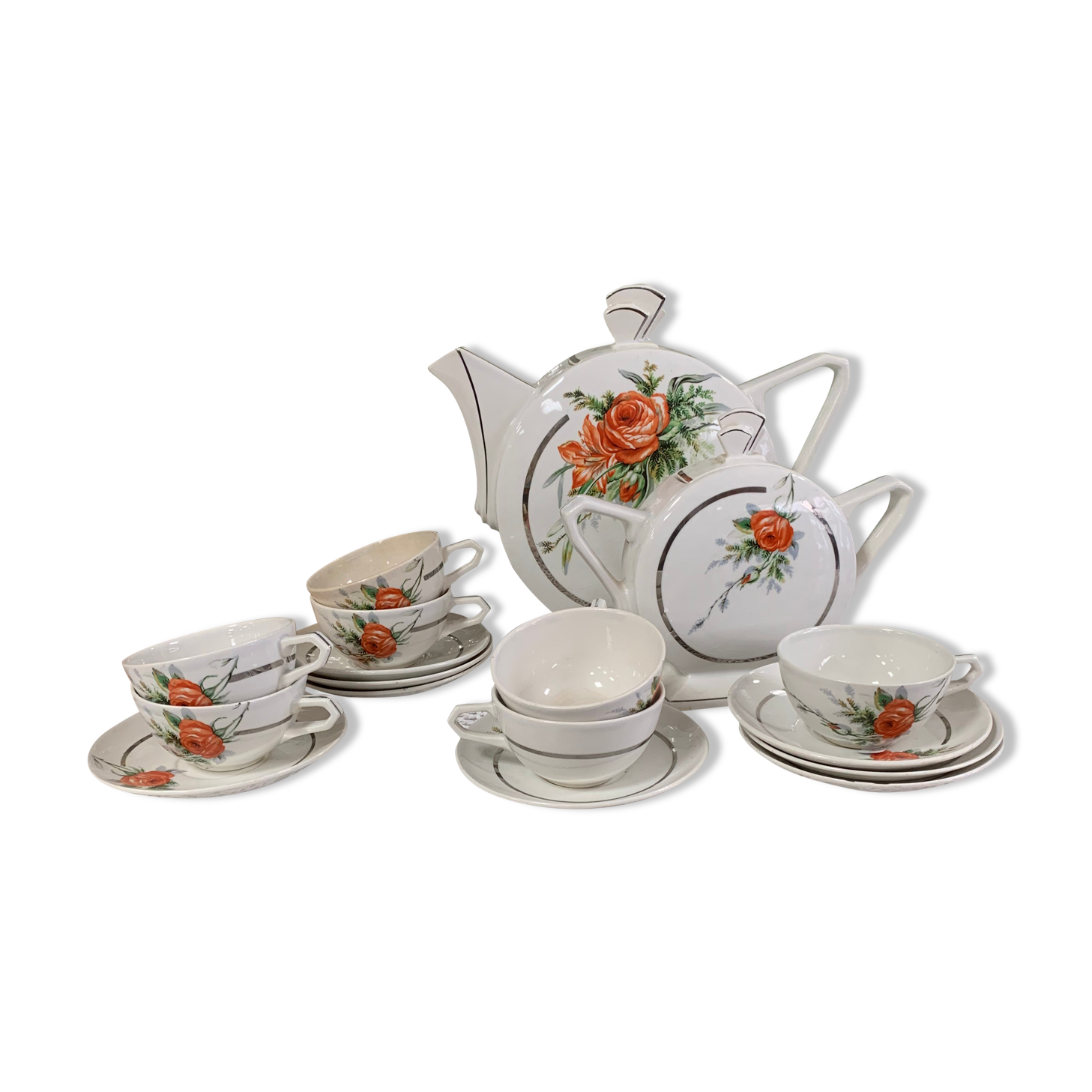 Old earthenware tea coffee set, HBCM Daisy -Teapot, 7 cups/sub-cups, sugar bowl