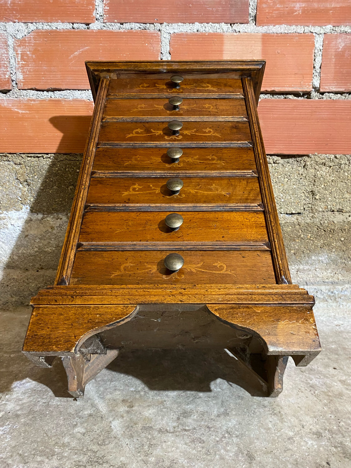 Semainier Ancien Meuble Bois 7 Tiroirs Marqueterie Poignées Métal Vint