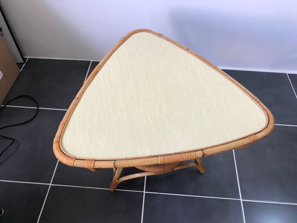 Table basse rotin et formica vintage 1970