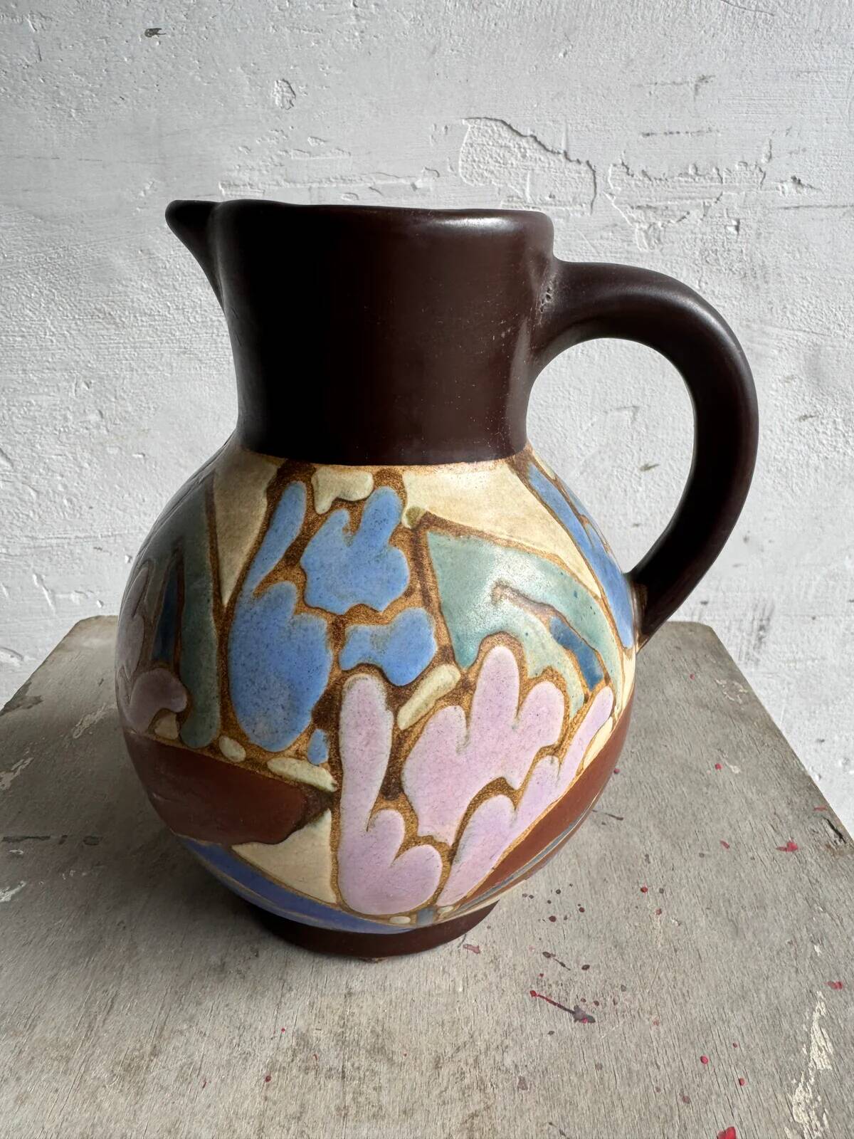 Vintage C.M. Bergen Hand-Painted Ceramic Vase — Brown & Pastel Floral Glazed Pitcher, 21cm