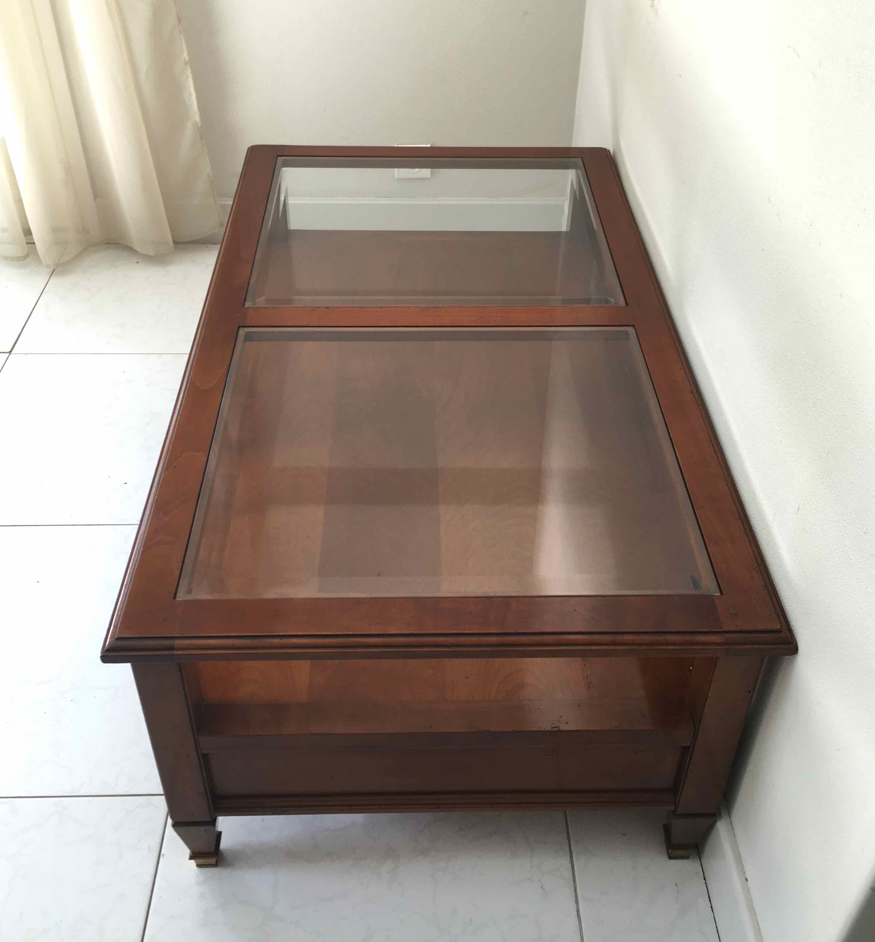 Coffee table with cherry drawers and beveled glass