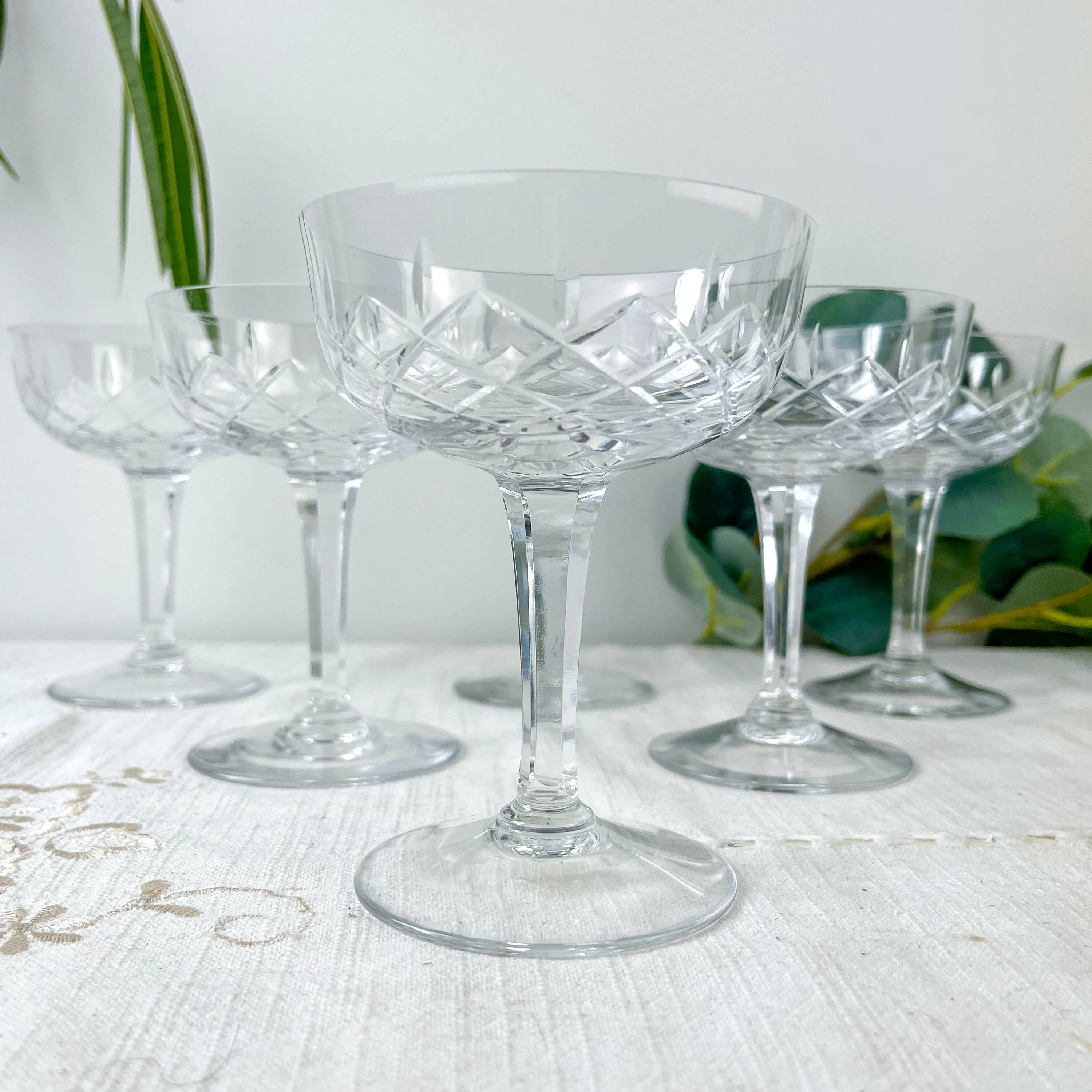 6 vintage cut crystal champagne coupes – Lorraine Lemberg Glassworks - original label - 1950s–1970s