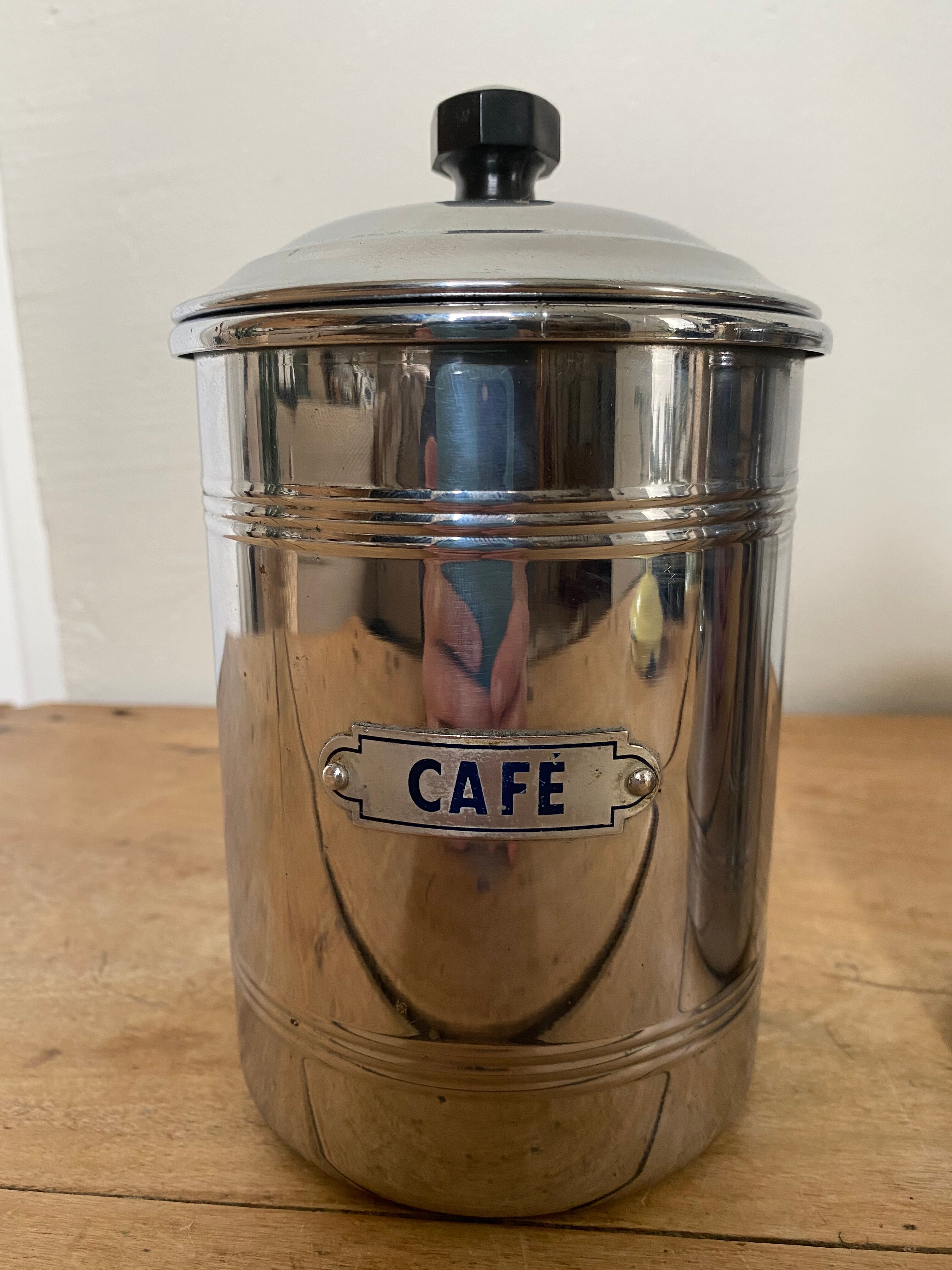 Set of two chrome-plated copper coffee/sugar jars stamped