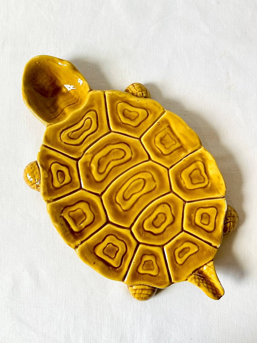 Large mustard yellow ceramic turtle dish, vintage 1950s-1970s.