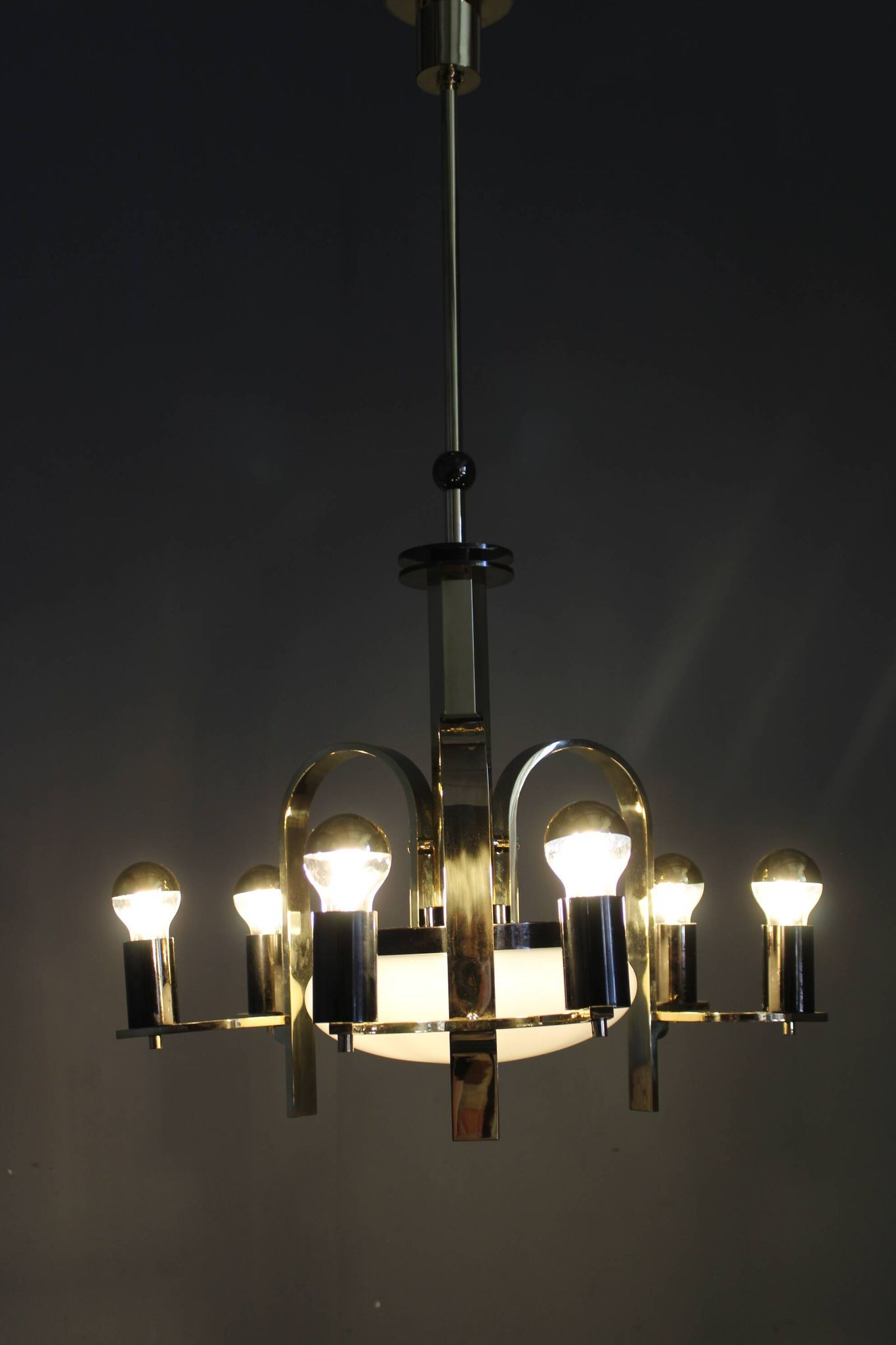 1930s Czech Art Deco brass chandelier with milk glass center and exposed bulbs