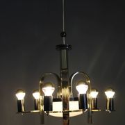 1930s Czech Art Deco brass chandelier with milk glass center and exposed bulbs