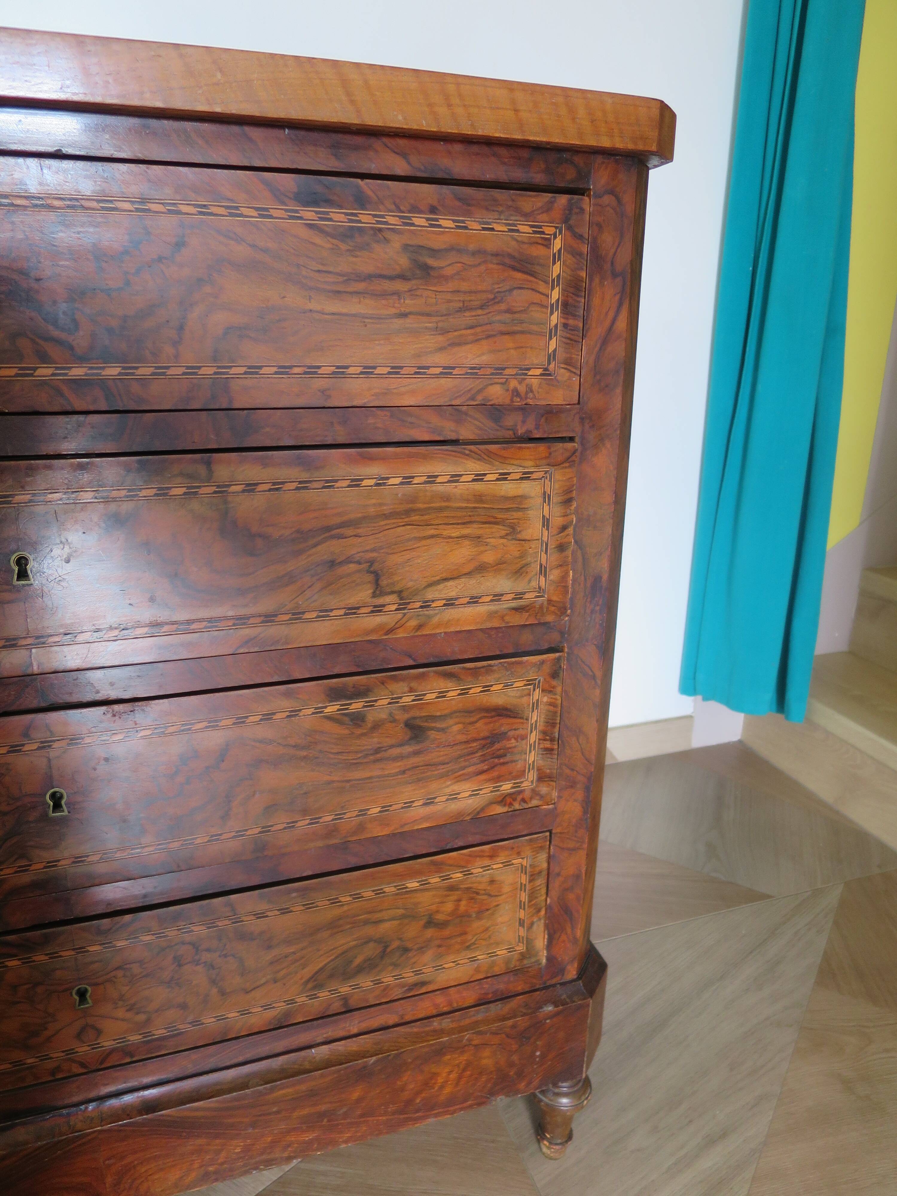 Antique oak burr chest of drawers - 4 drawers - marquetry inlay from the early 21st century