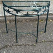 Grey-green wrought iron half-moon console with glass, 85cm.