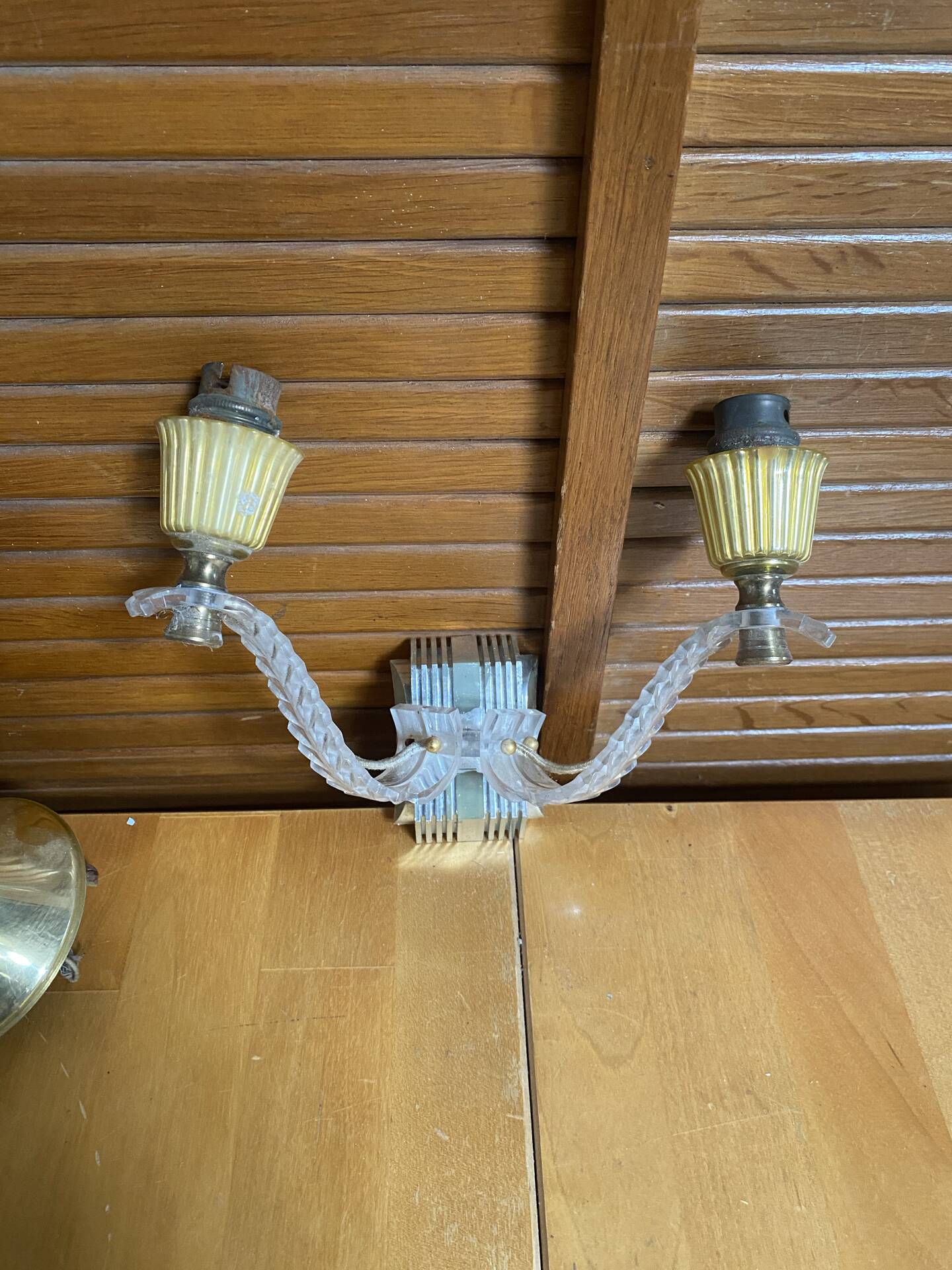 Chandelier + pair of wall lights in the old style jules leleu gilded + perspex plexi