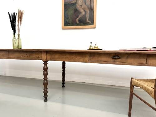 Farm table of 4 metres in solid pine, around 1900.