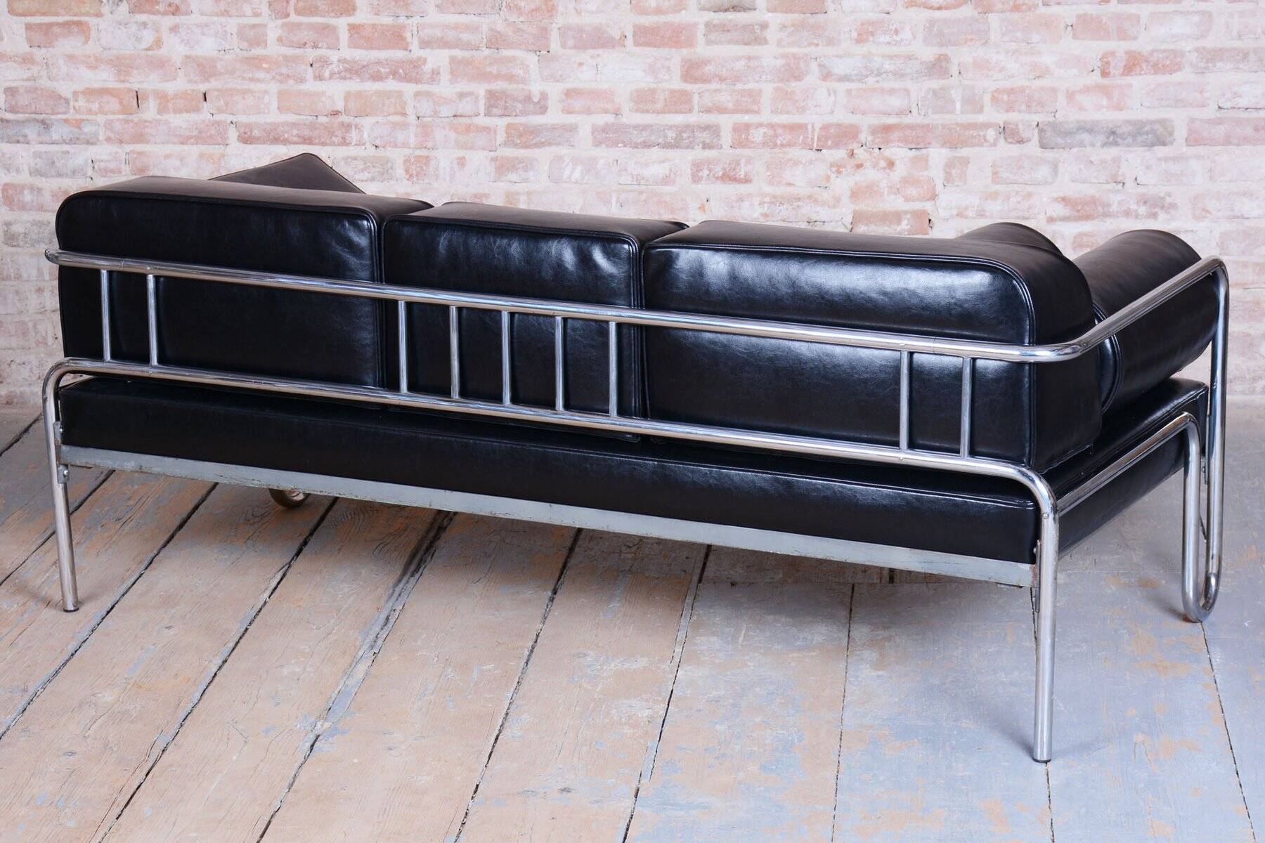 Sofa Bauhaus en acier chromé et cuir, tchèque, années 1930