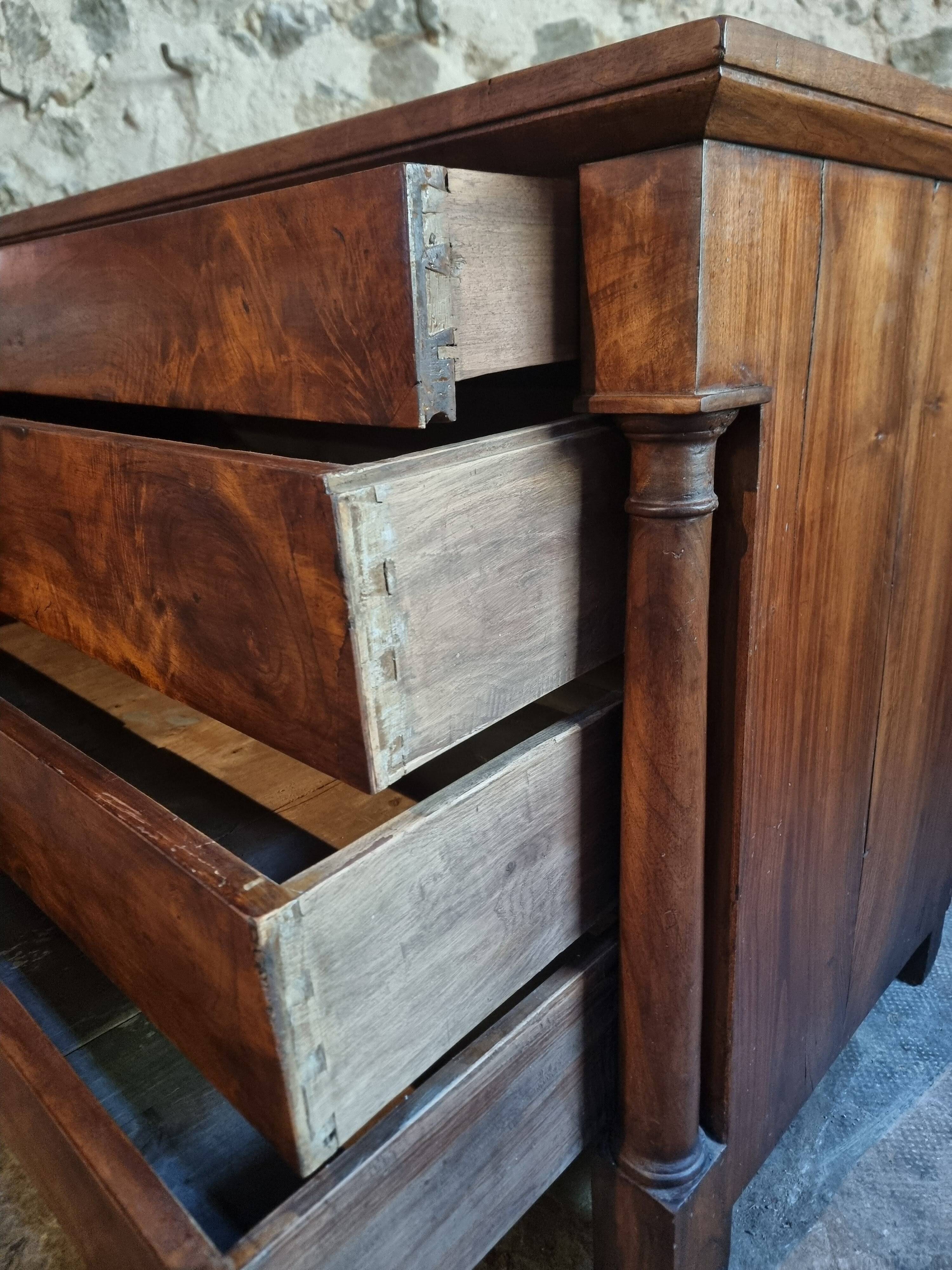 Antique French walnut commode, early 19th century (1800–1830), 4 drawers.