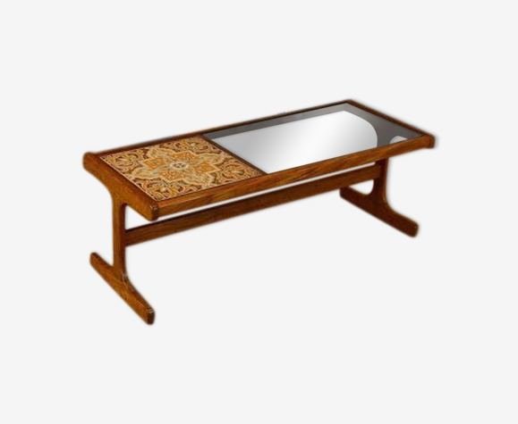 Table basse design scandinave en teck & verre vintage 1960