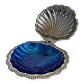 Vintage shell butter dish in silver metal and blue glass