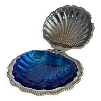 Beurrier coquillage vintage en métal argenté et verre bleu