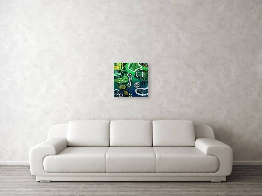 Modern abstract green, yellow, blue and white mixed media painting