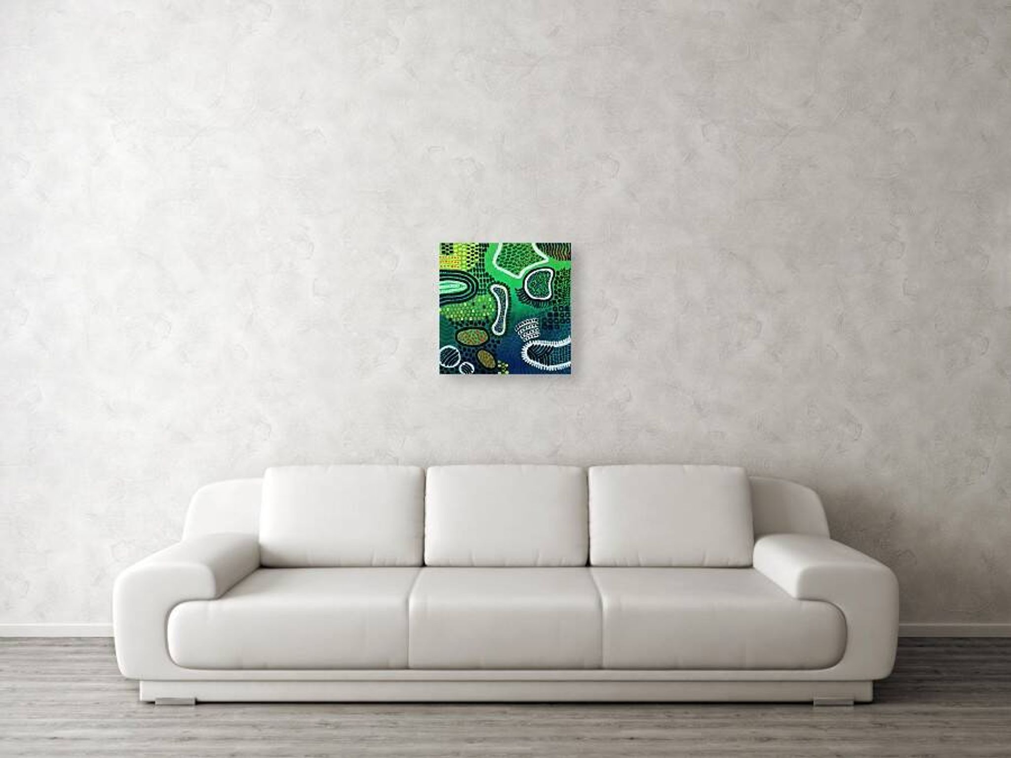 Peinture abstraite moderne verte, jaune, bleue et blanche avec techniques mixtes