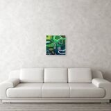 Modern abstract green, yellow, blue and white mixed media painting