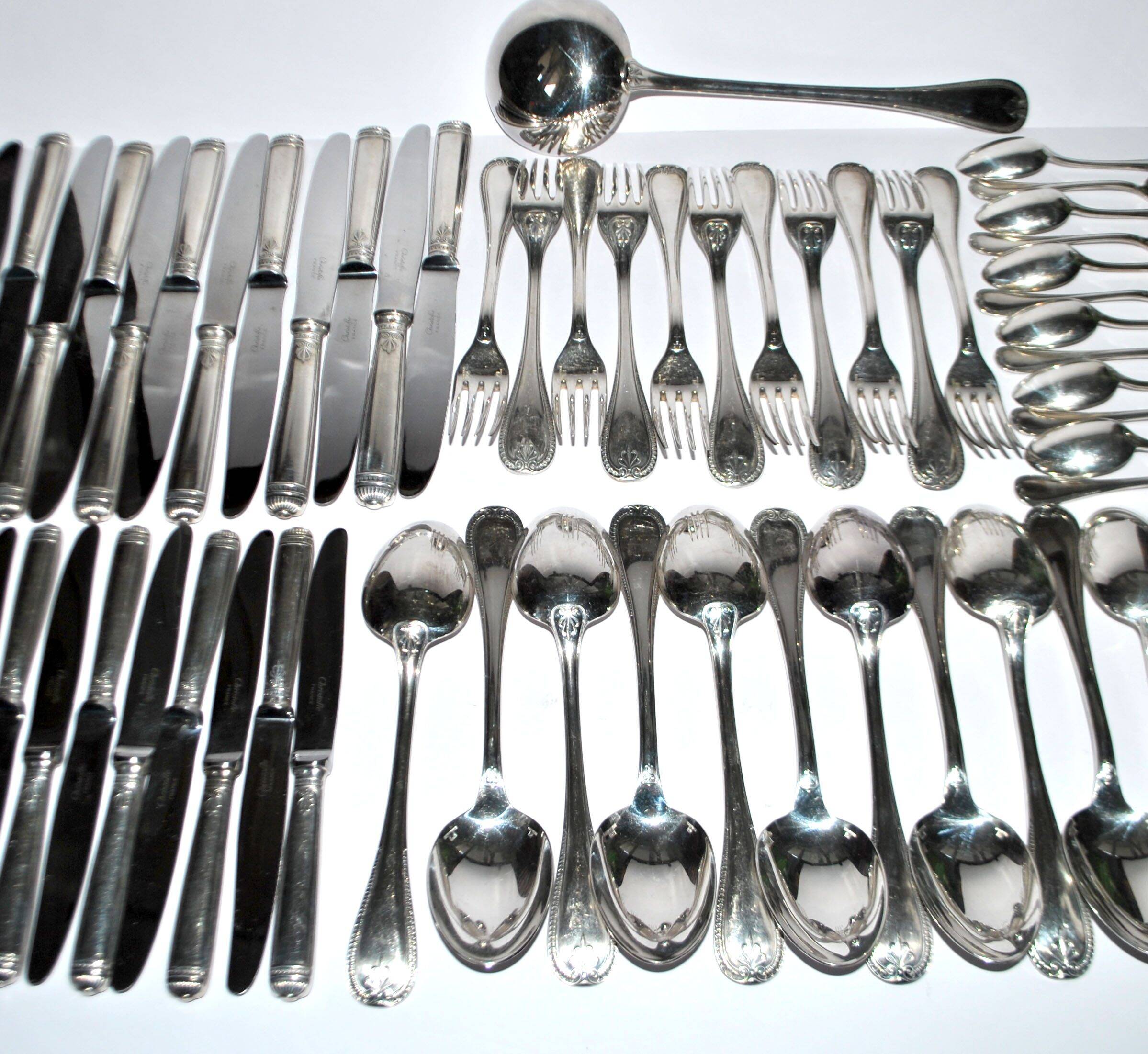Christofle 68-piece silver-plated flatware set, Malmaison Empire table setting, with knives