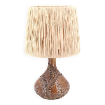 Lampe en céramique Sésame Vallauris, abat jour raphia, années 70