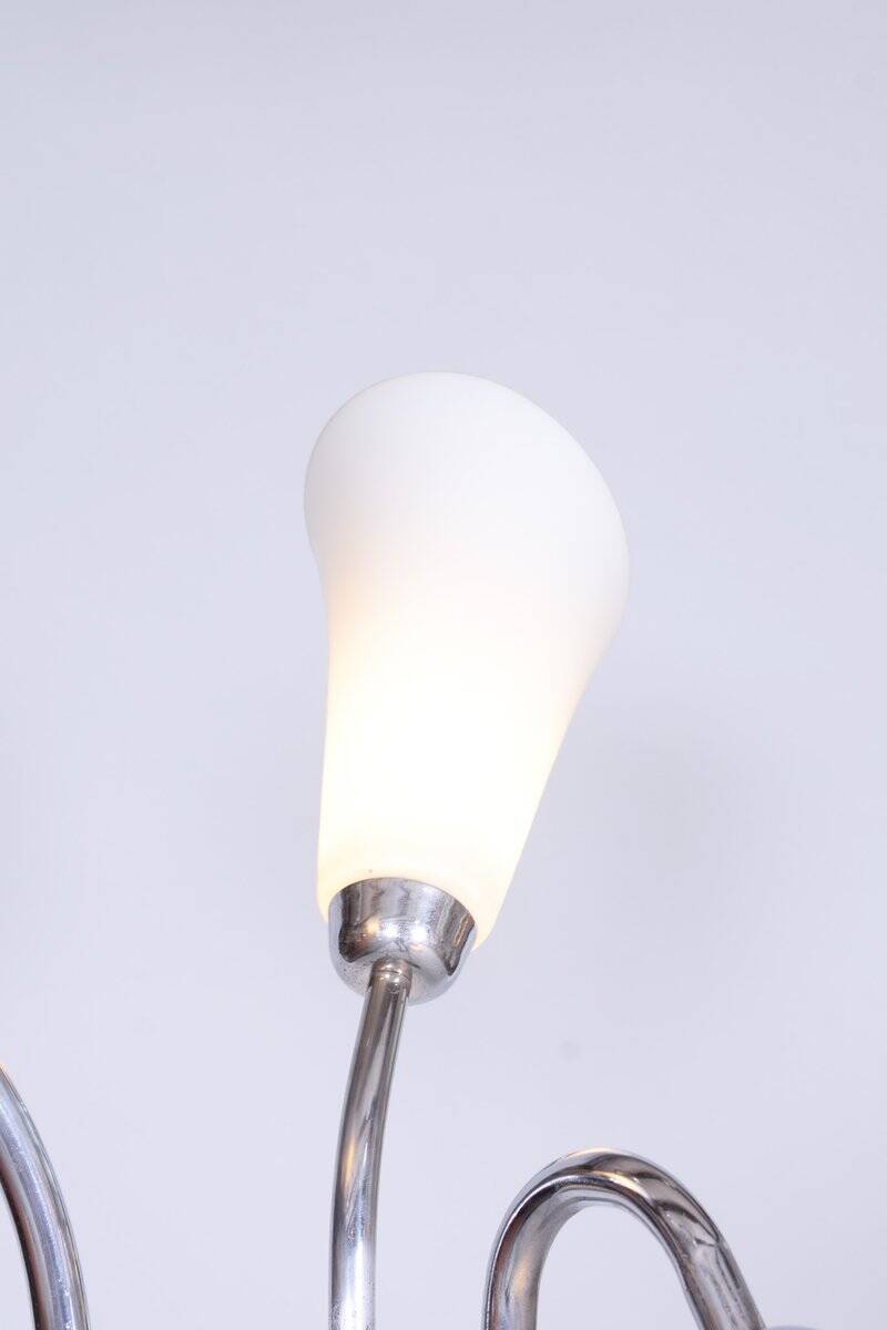 Czech Art Deco Floor Lamp in Chrome, Opal Glass and Lacquered Wood, 1930s