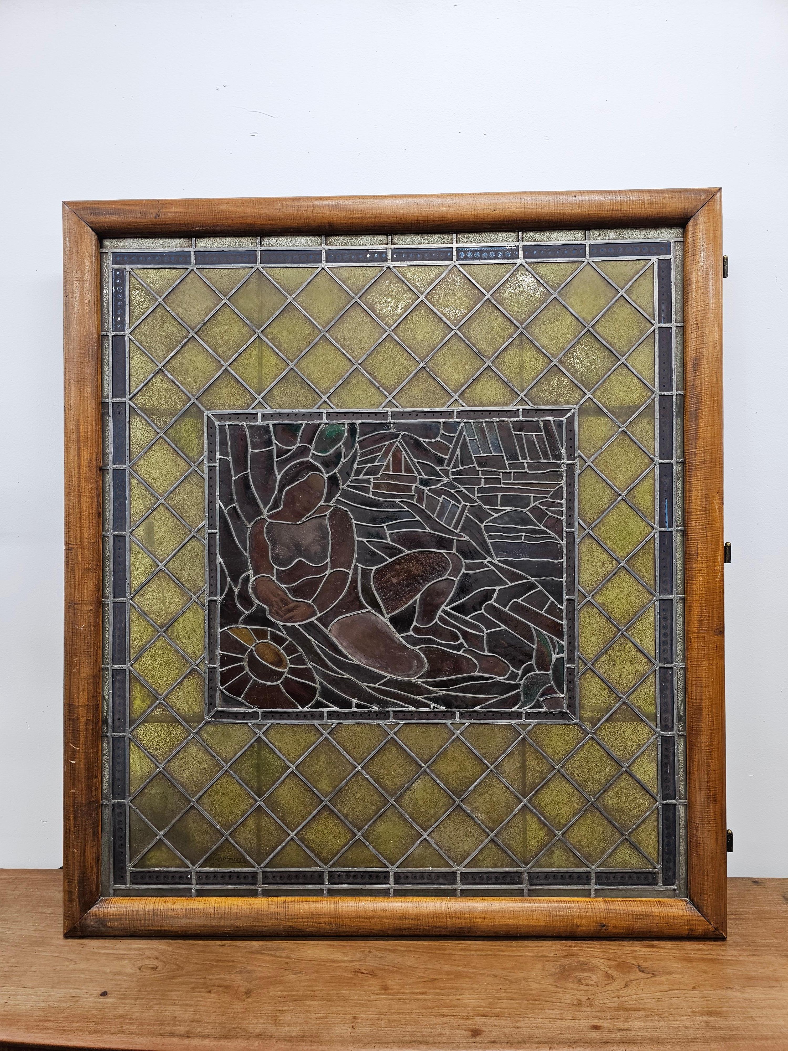Art Deco stained glass with lead, A Nude in a Landscape by Marijan Trepse, 1934