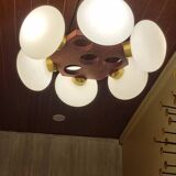 Scandinavian teak and white opaline chandelier with 6 lights from the 70s