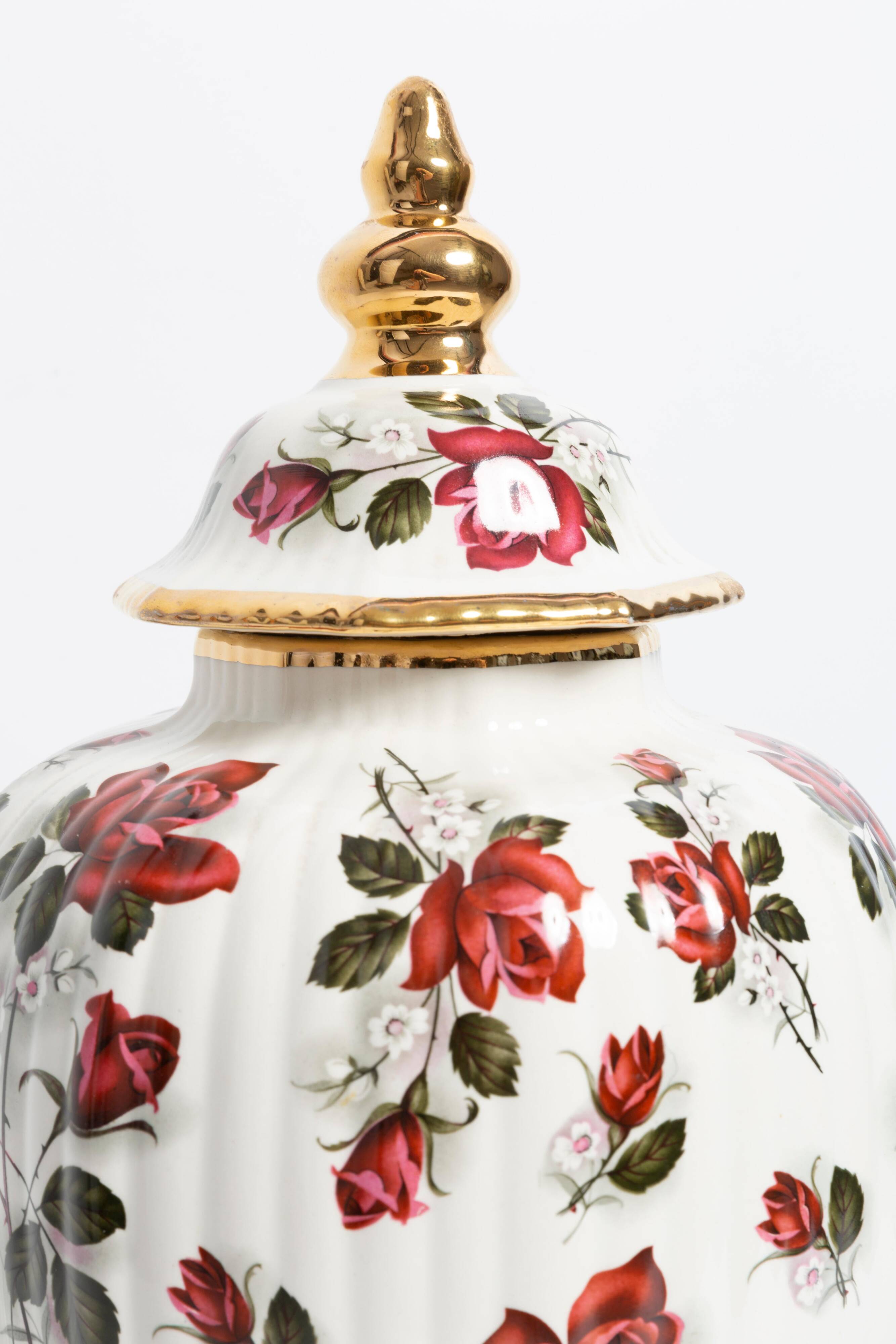 Grand vase en céramique peint à la main avec roses, boîte à bonbons, XXe siècle, Belgique, années 1960